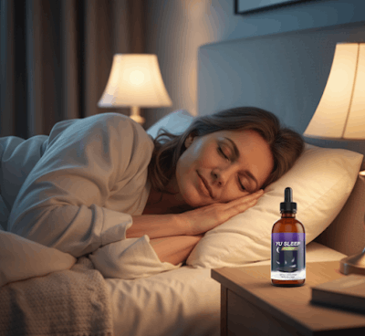 Woman sleeping peacefully with a bottle of Yu Sleep on her nightstand