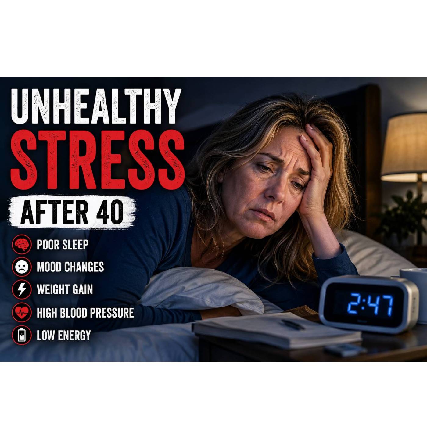 Woman awake at 2:47 AM in bed, showing the effects of unhealthy stress after 40